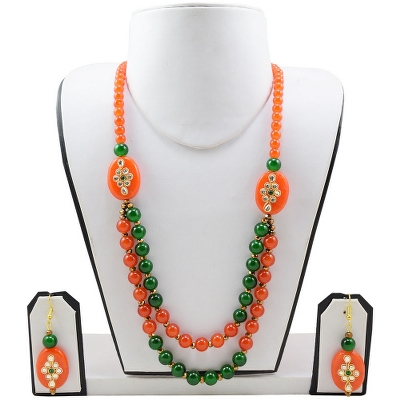 Orange &amp; Green Glass Beads Designer Necklace Set for Women &amp; Girls