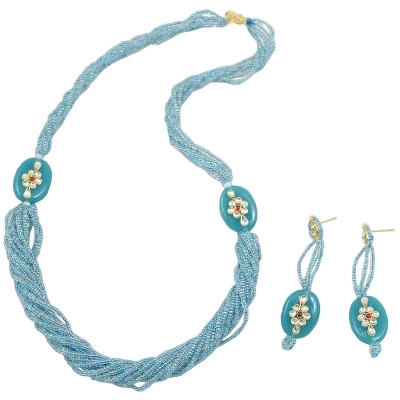 Sky Blue Jeko moti Multi Strand Necklace & Earrings
