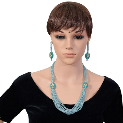 Sky Blue Jeko moti Multi Strand Necklace & Earrings