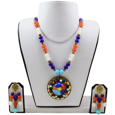 Multi Color Beads Designer Pendant Necklace Set for Girls & Women