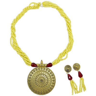 Yellow Jeko Moti Antique Pendant Multi Strand Necklace &amp; Earrings