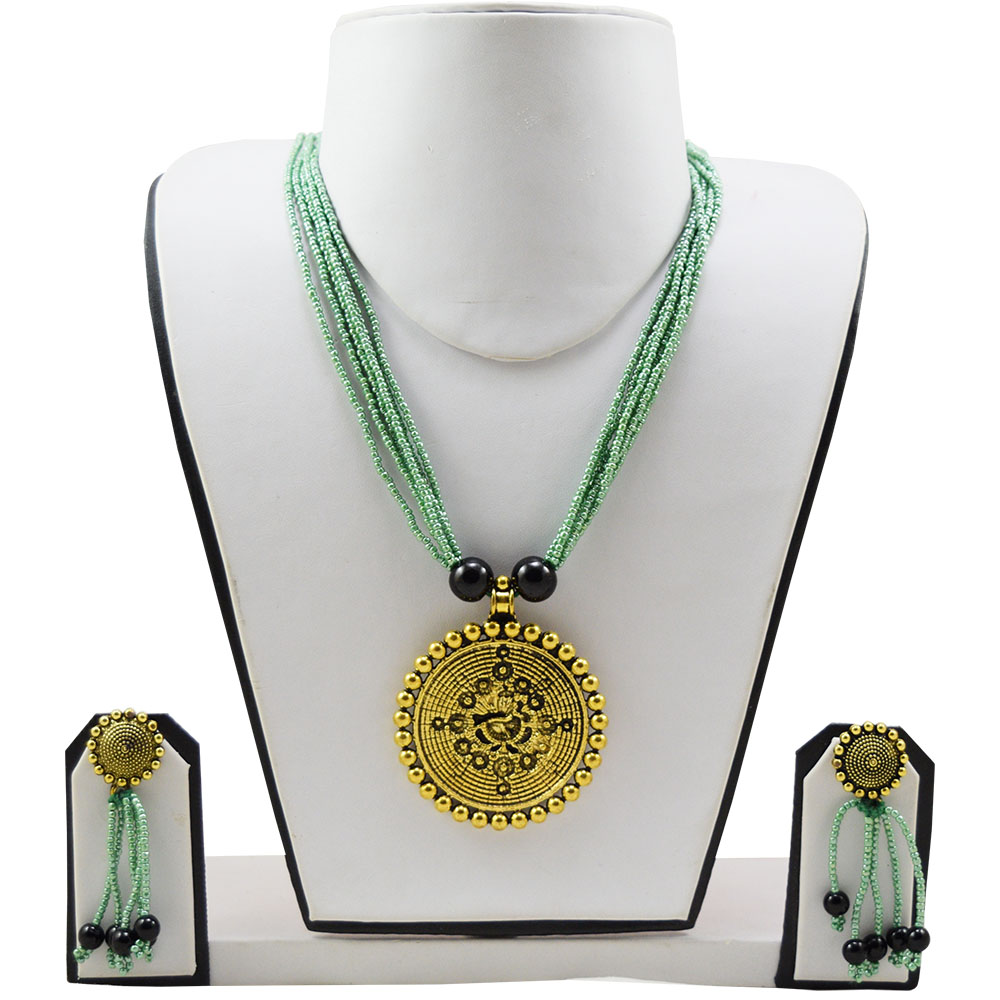 Turquoise Jeko Moti Antique Pendant Multi Strand Necklace & Earrings