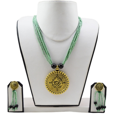 Turquoise Jeko Moti Antique Pendant Multi Strand Necklace & Earrings