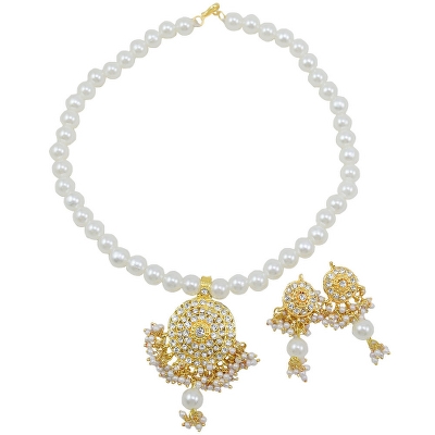 White Pearls Diamond Stone Pendant Necklace Set
