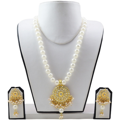 White Pearls Diamond Stone Pendant Necklace Set