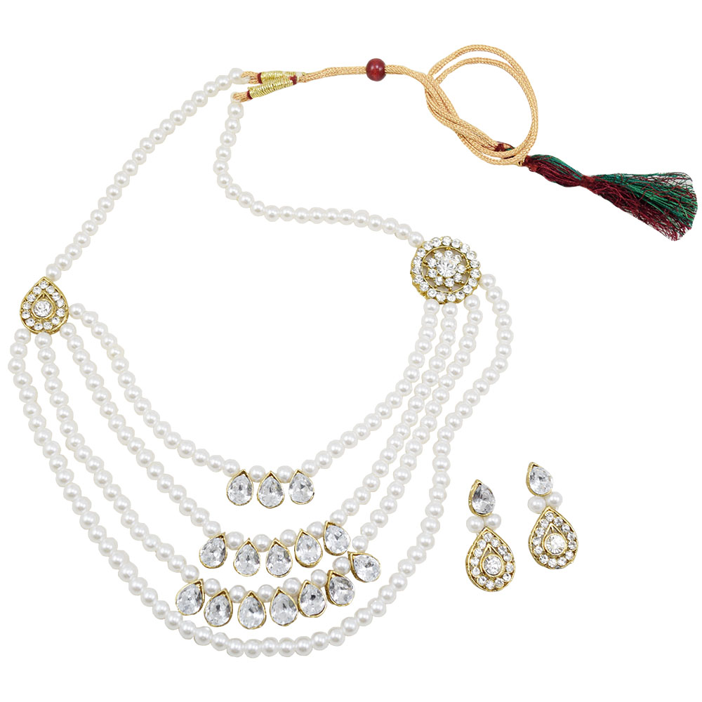 White Pearls Diamond Stones Kundan Multi-strand Necklace
