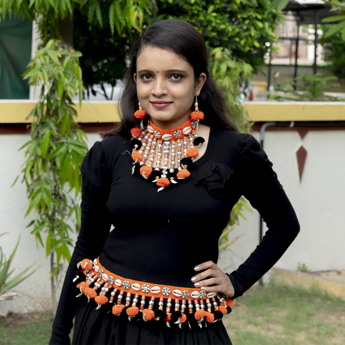 Orange Woolen Balls Designer Necklace &amp; Kamarband for Navratri