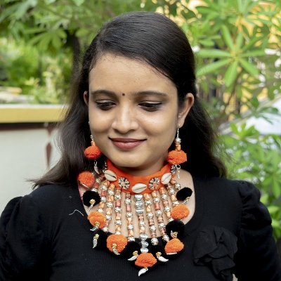 Orange Woolen Balls Designer Necklace &amp; Kamarband for Navratri