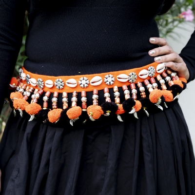 Orange Woolen Balls Designer Necklace &amp; Kamarband for Navratri