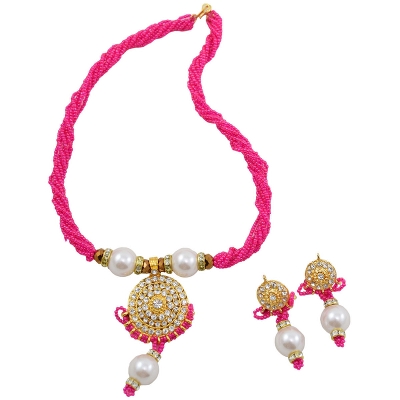 Pink Jeko Moti Necklace with Diamond Pendant