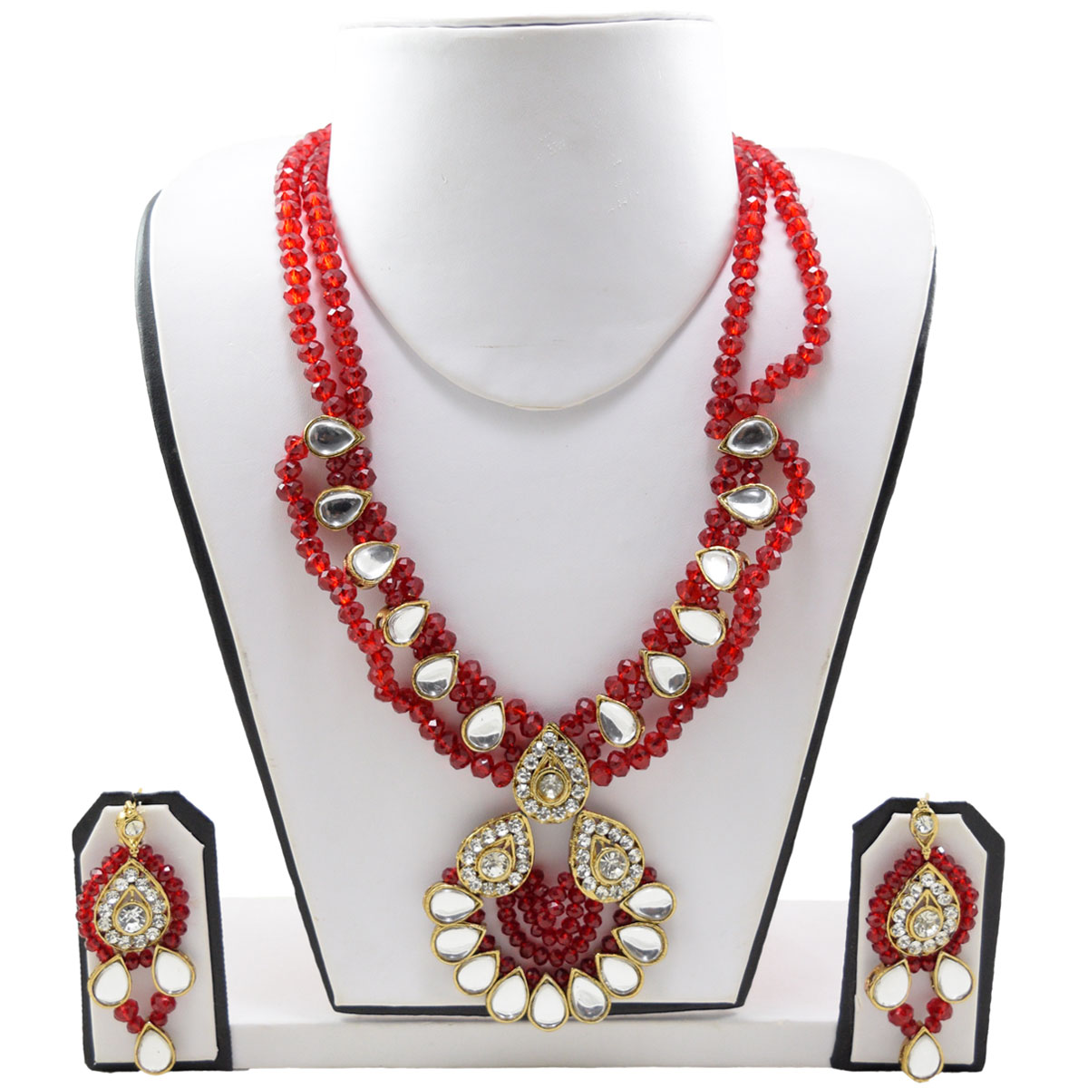 Red Crystal Beads Diamond Stone Pendant Kundan Necklace