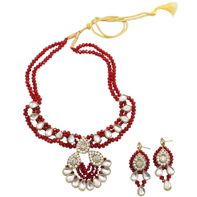 Red Crystal Beads Diamond Stone Pendant Kundan Necklace