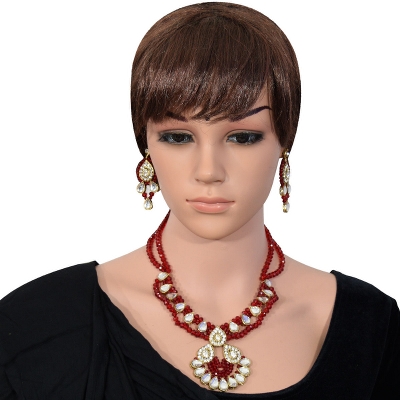 Red Crystal Beads Diamond Stone Pendant Kundan Necklace