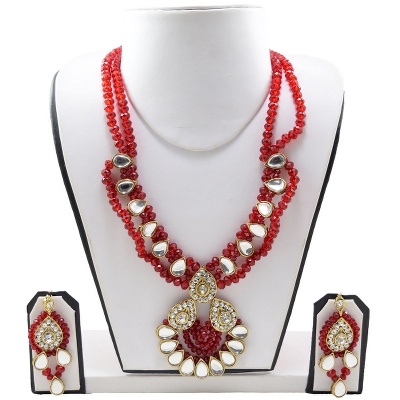 Red Crystal Beads Diamond Stone Pendant Kundan Necklace