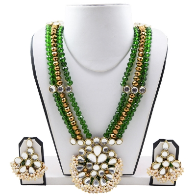 Green Crystal Beads Kundan Heavy Necklace