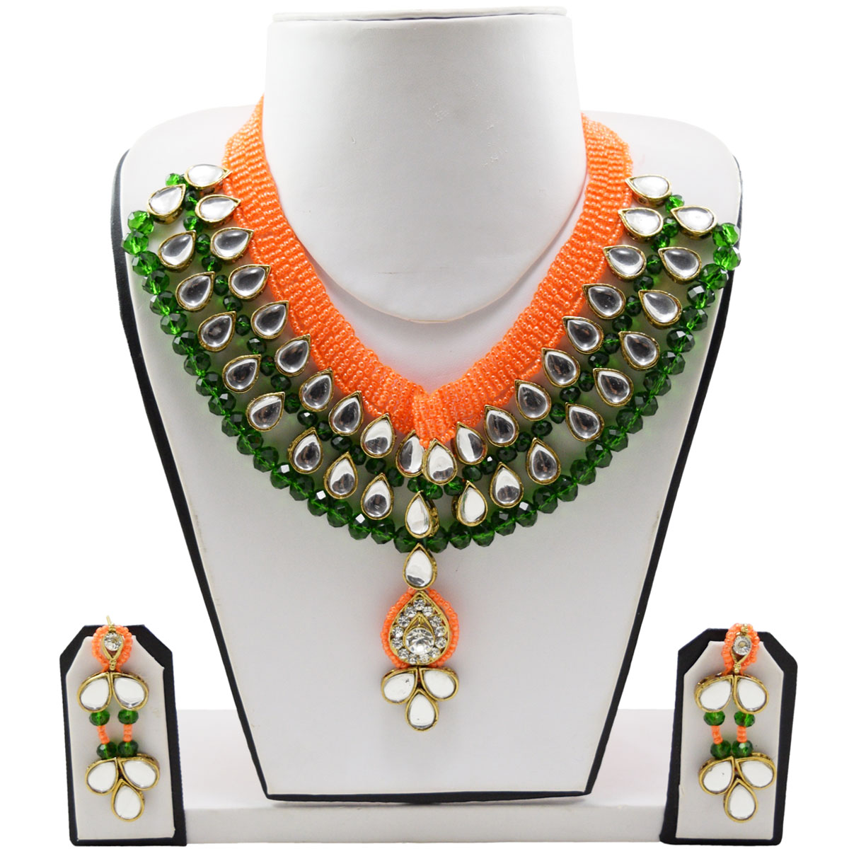 Green Crystal Beads Orange Jeko Moti Kundan Necklace