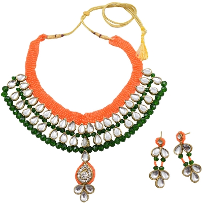 Green Crystal Beads Orange Jeko Moti Kundan Necklace