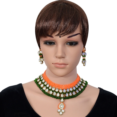 Green Crystal Beads Orange Jeko Moti Kundan Necklace