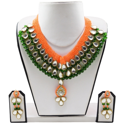 Green Crystal Beads Orange Jeko Moti Kundan Necklace