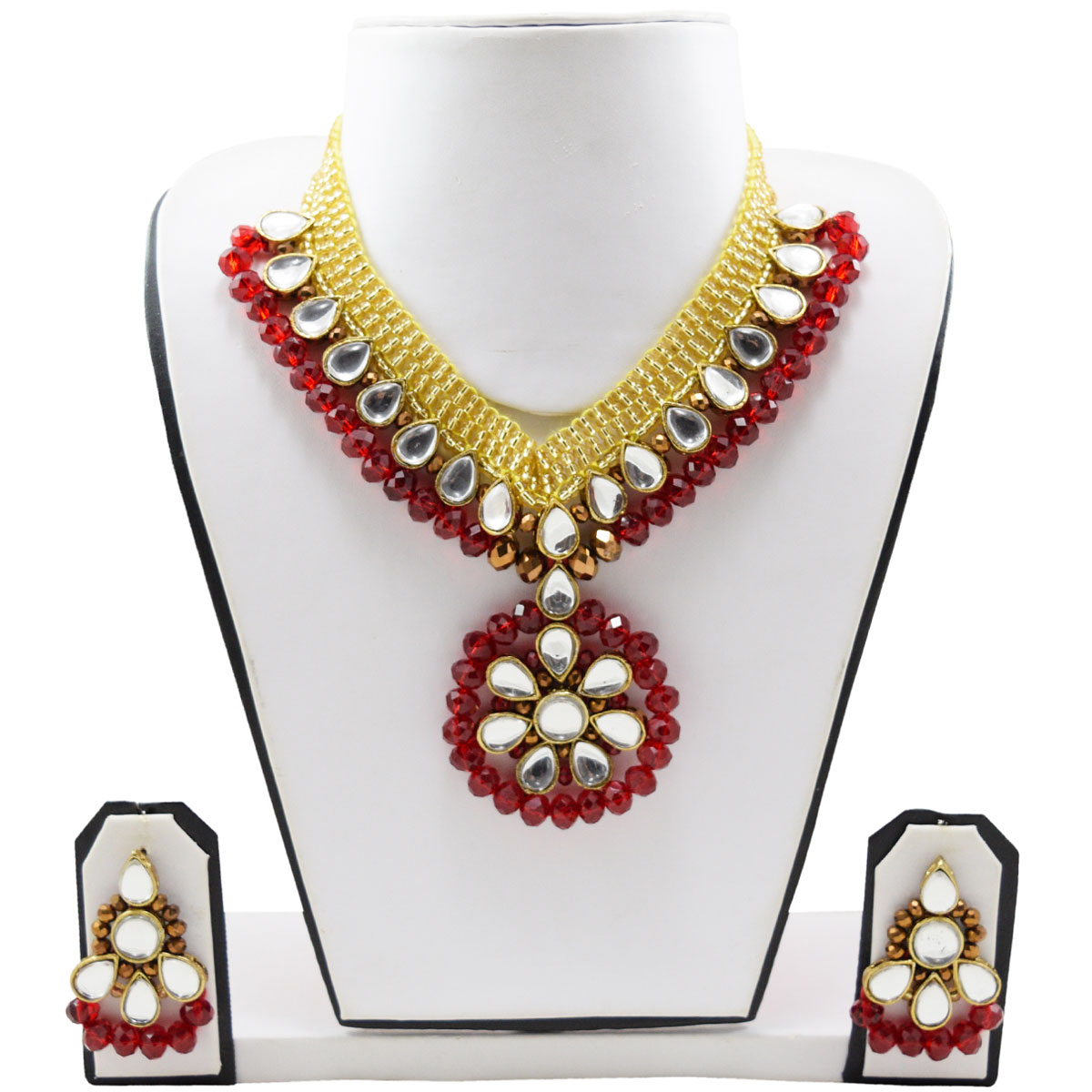 Red Crystal Beads Jeko Moti Kundan Necklace