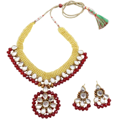 Red Crystal Beads Jeko Moti Kundan Necklace