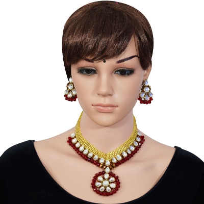 Red Crystal Beads Jeko Moti Kundan Necklace