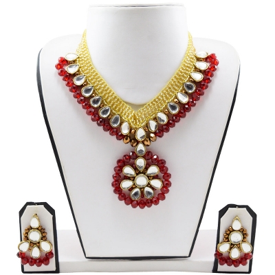 Red Crystal Beads Jeko Moti Kundan Necklace