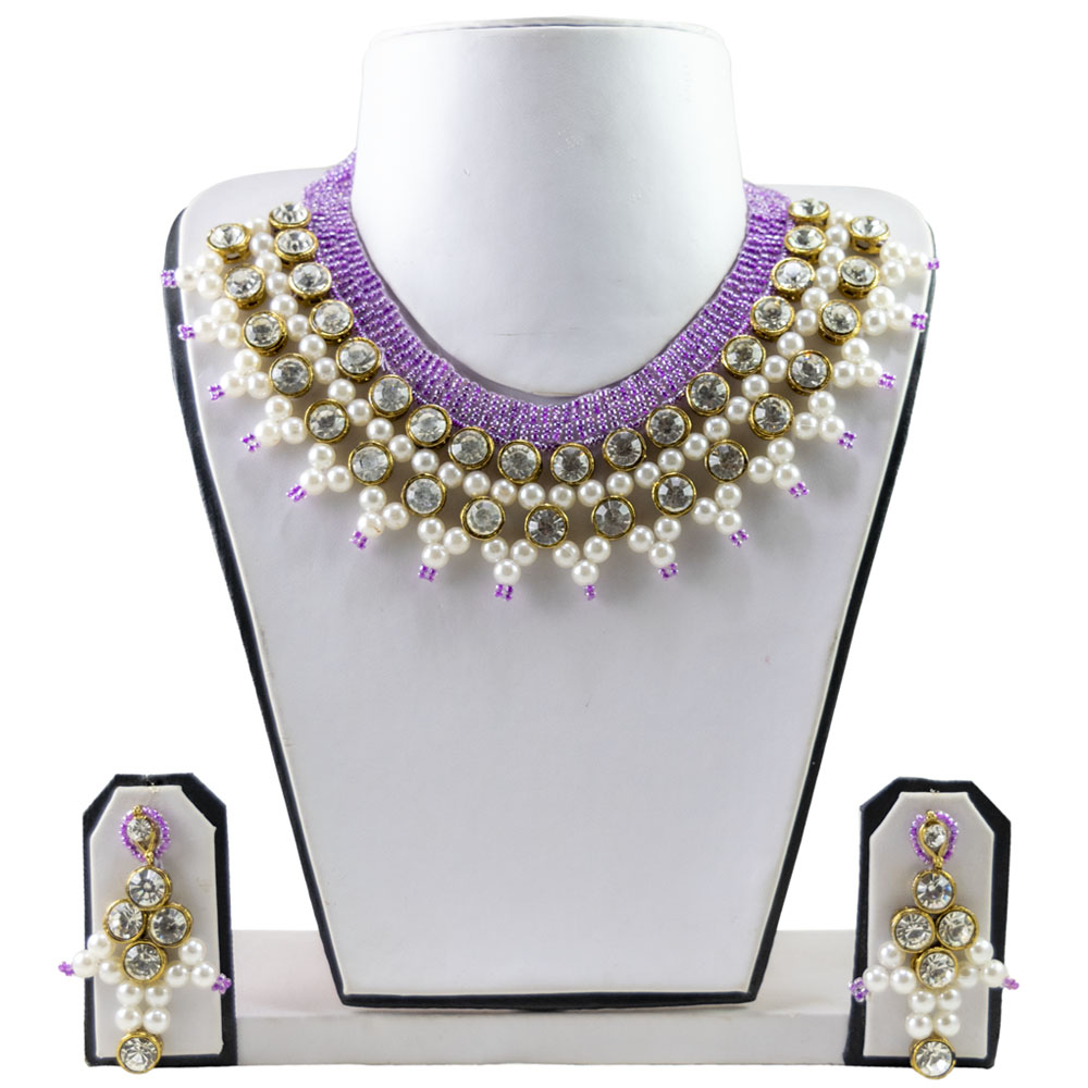 Purple Jeko Moti Beads Kundan Necklace Set