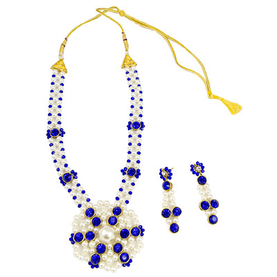 Blue White Beads Kundan Necklace Set