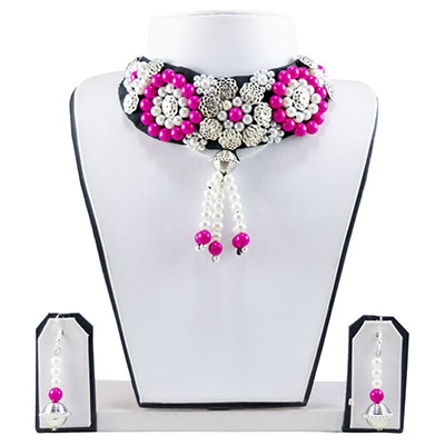 Pink White Beads Choker Necklace for Chaniya Choli
