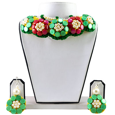 Red Green Button Beads Designer Necklace