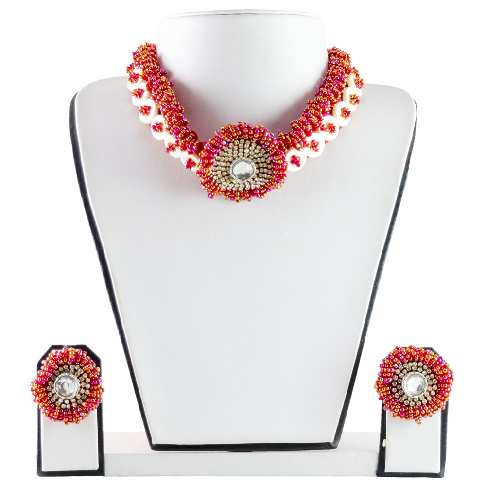 White Button Red Jeko Moti Necklace Set