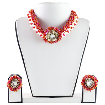 White Button Red Jeko Moti Necklace Set