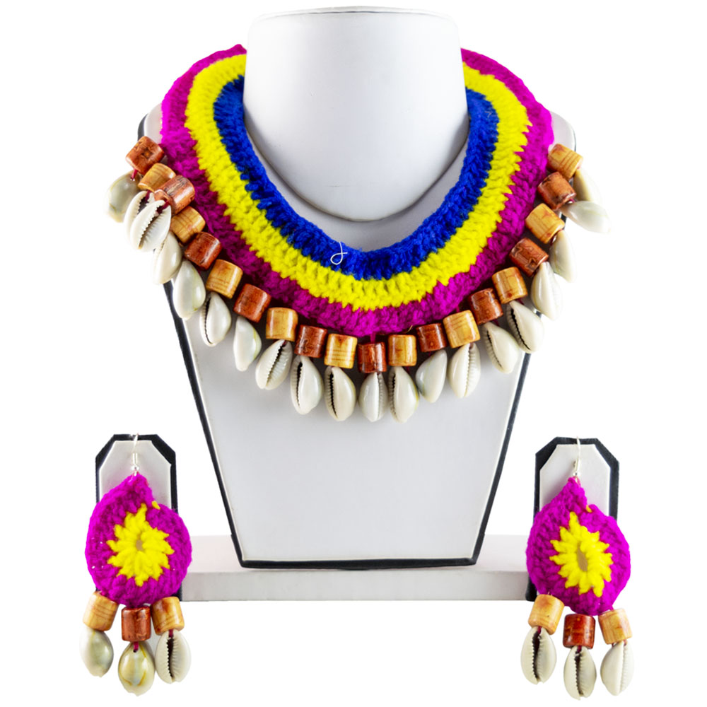 Woolen Threads Sea Shell Designer Necklace for Navratri