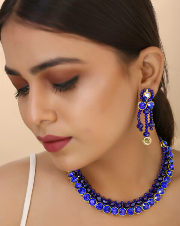Gorgeous girl wearing Blue Crystal Beads Kundan Necklace