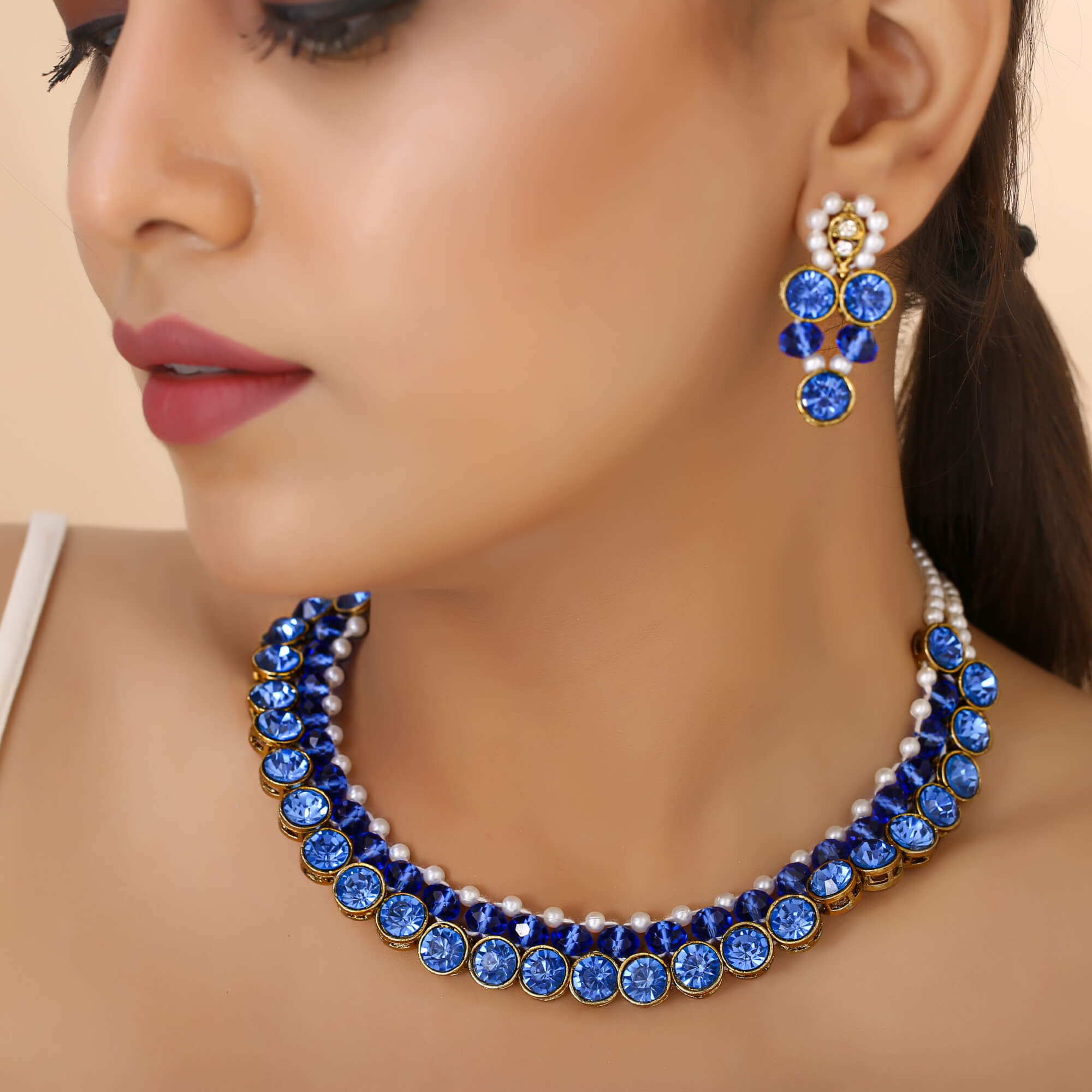 Modern statement agate blue stone necklace and earrings set at ₹1950 |  Azilaa