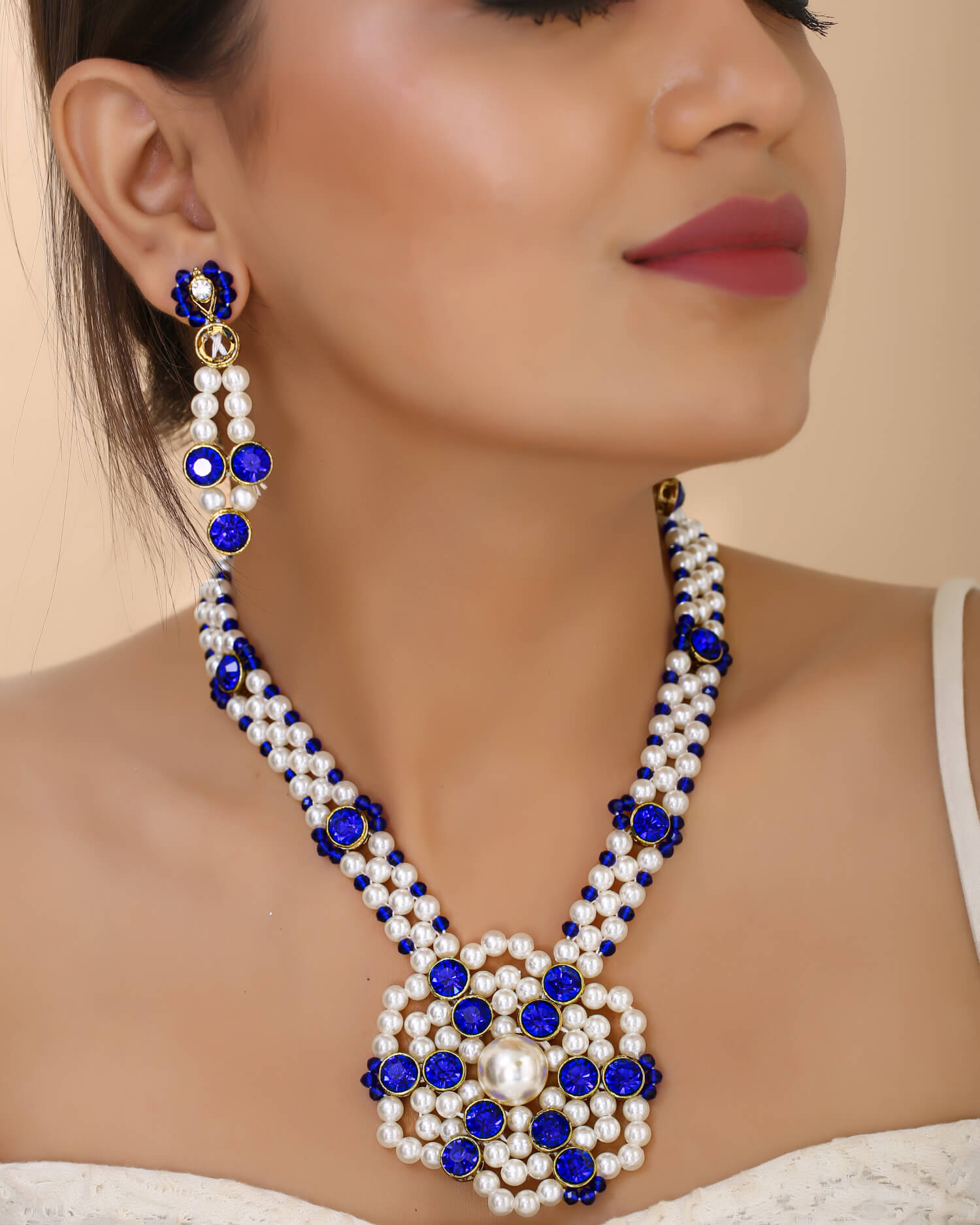Blue Sapphire & White CZ Stone Necklace Set: Gift/Send Jewellery Gifts  Online J11135453 |IGP.com