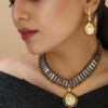 Girl wearing Designer Beads Diamond Stone Pendant Choker Necklace Set
