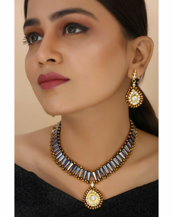 Girl wearing Designer Beads Diamond Stone Pendant Choker Necklace Set