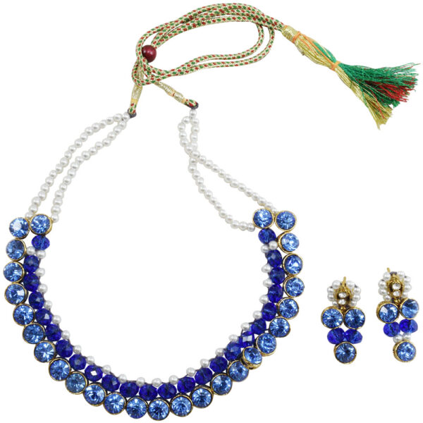 blue choker necklace with earrings on dummy