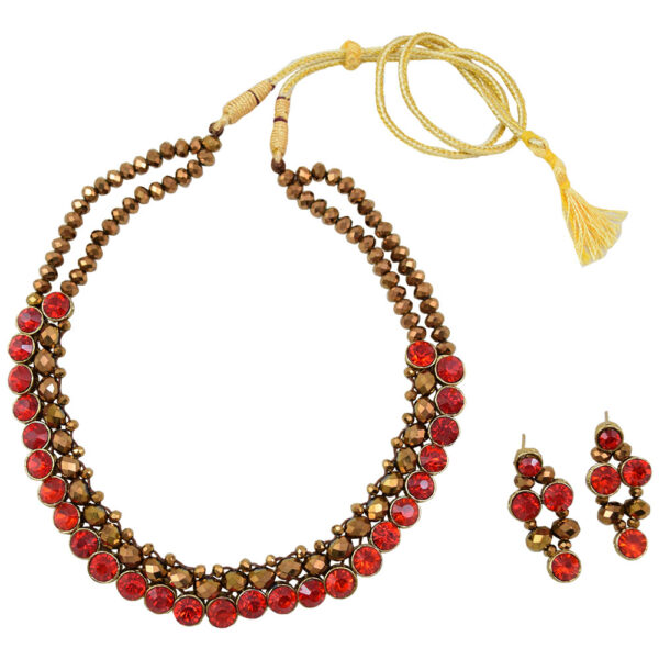Copper Crystal Beads Red Kundan Necklace Set for Women & Girls