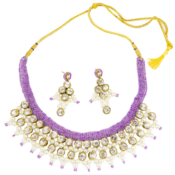 Purple Jeko Moti Beads Kundan Necklace Set