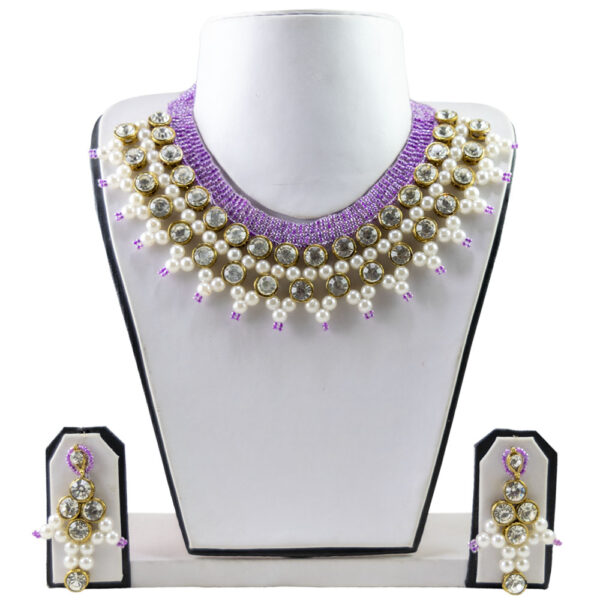 Purple Jeko Moti Beads Kundan Necklace Set on Dummy