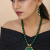 Girl Wearing Green Designer Beads Pendant Beautiful Necklace with Earrings