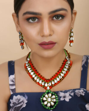 Beautiful Girl Orange, Green & Copper Crystal Beads Kundan Necklace Set for Women