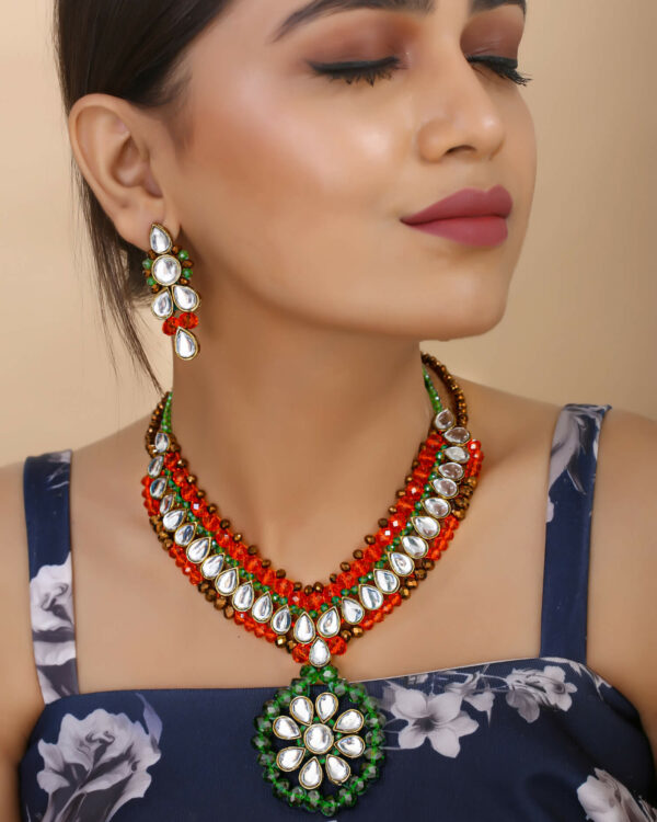 Beautiful Girl Orange, Green & Copper Crystal Beads Kundan Necklace Set for Women