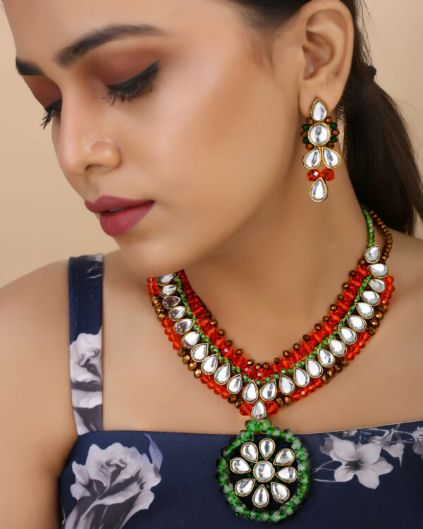 Beautiful Girl Orange, Green & Copper Crystal Beads Kundan Necklace Set for Women