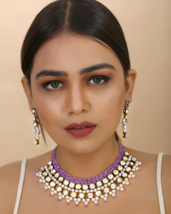 Beautiful Girl Wearing Purple Jeko Moti Beads Kundan Necklace Set