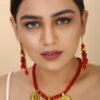 Beautiful Girl wearing Red Beads Antique Pendant Necklace & Earrings