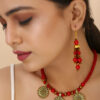 Beautiful Girl wearing Red Beads Antique Pendant Necklace & Earrings